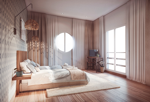 Computer graphics of a small bedroom with two single beds and windows. 3D rendering of an elegant bedroom interior with natural light coming in from the window.