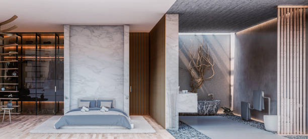 istock Digitally generated image of a luxurious interior of a hotel suite with bathroom 1401816330