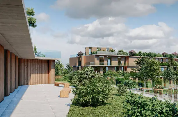 3d rendering of modern university building.  Computer generated image of a modern building facade with benches on paved pathway and garden. Architectural illustration of a school campus.