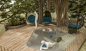 istock 3d rendering of treehouse deck with elevated net for relaxation in a glamping complex 1401816510
