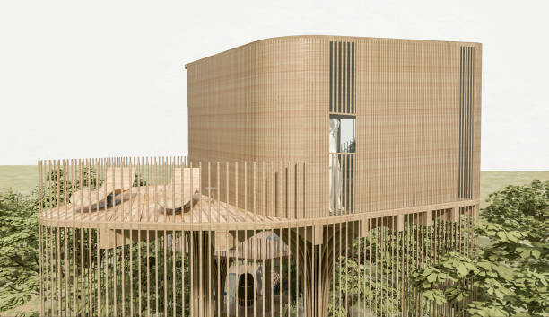 3d rendering of an artistically created treehouse with terrace in a glamping complex