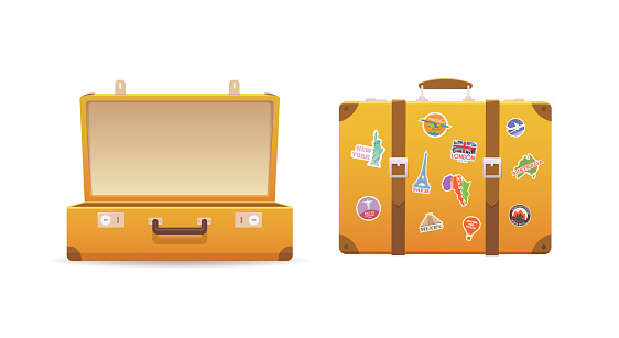 Open and close old suitcase on white isolated background. Luggage of the traveler. Flat vector illustration.