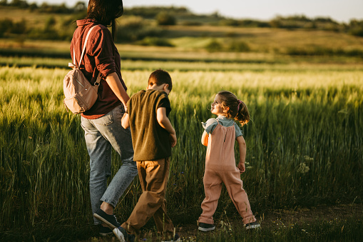 Mother with her little daughter and son walking on a meadow outdoors in sunset.