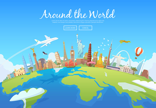 Travel to World. Road trip. Tourism. Landmarks on the globe. Concept website template. Vector illustration. Modern flat design.