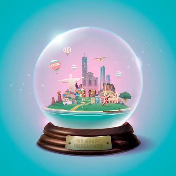 Vector illustration of Travel to South America. The glass ball with landmarks.