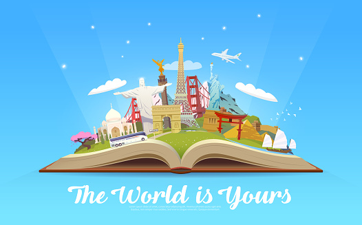Travel to World. Road trip. Tourism. Open book with landmarks. Travelling vector illustration. The World is Yours. Modern flat design.
