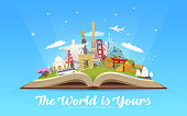 Travel to World. Open book with landmarks.