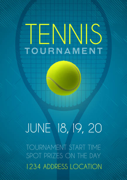 Tennis tournament poster Blue vector illustration poster for a tennis competition  with tennis racket and ball tennis tournament stock illustrations