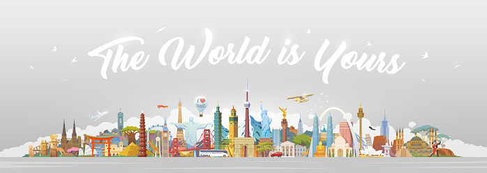Travel to World. Road trip. Big set of famous landmarks of the world. Concept website template. Vector illustration. Web banner. Modern flat design.