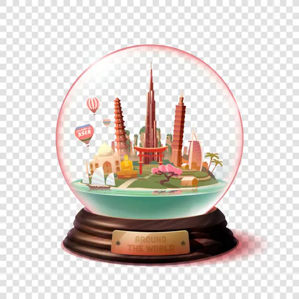 Vector illustration of Travel to Asia. The glass ball with landmarks.
