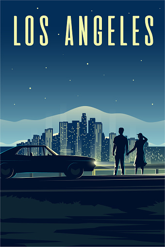 Vector retro poster. Vertical illustration. LA. Los Angeles. Man and Woman look at the night city. Couple in love. Cityscape.