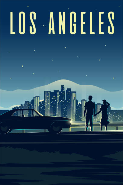 los angeles Vector retro poster. Vertical illustration. LA. Los Angeles. Man and Woman look at the night city. Couple in love. Cityscape. hollywood stock illustrations