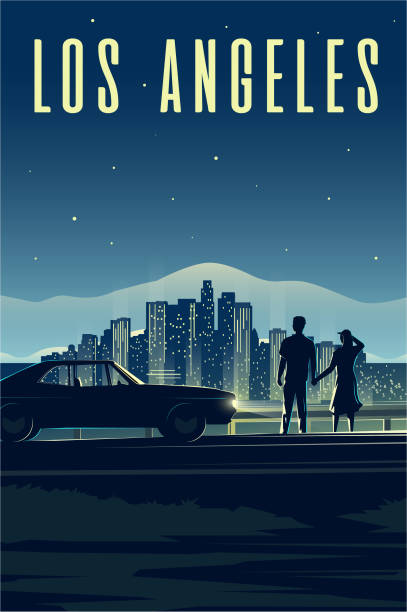 los angeles Vector retro poster. Vertical illustration. LA. Los Angeles. Man and Woman look at the night city. Couple in love. Cityscape. couple traveling by car and holding hands stock illustrations