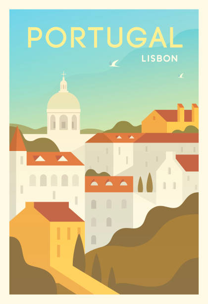 Beautiful cityscape in sunny day in Portugal with historical buildings, trees, street. Time to travel. Around the world. Quality vector poster. Lisbon.