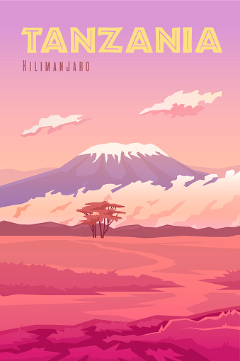 Vector retro poster. Vertical illustration. Tanzania. The volcano Kilimanjaro. Sunset. Landscape.