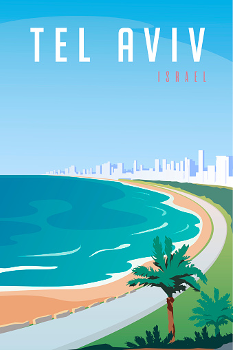 Vector art deco retro poster. Tel Aviv, Israel. Summer beach.
