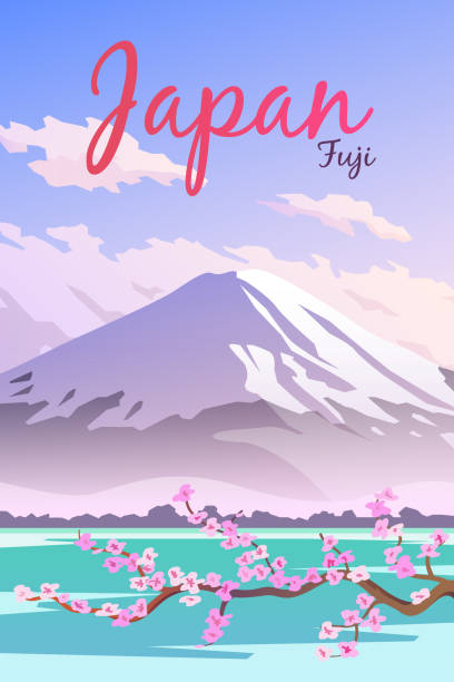 Japan. Vector poster. Vector retro poster. Mount Fuji in Japan. Travel poster. Flat design. spring flower mountain landscape stock illustrations