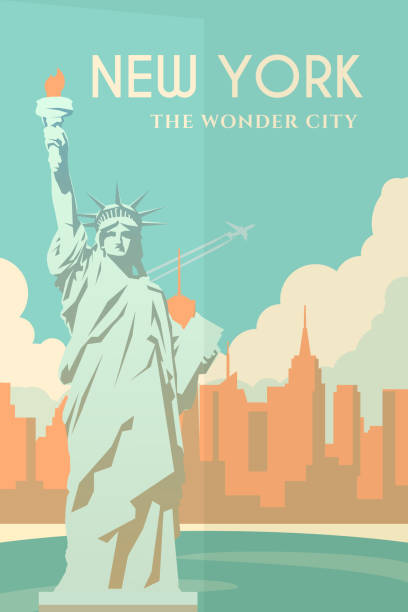 illustrazioni stock, clip art, cartoni animati e icone di tendenza di poster art deco. new york. - statue of liberty