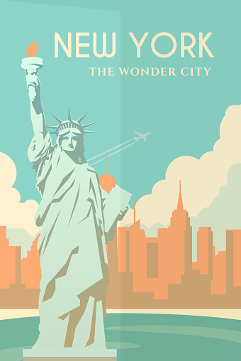 Vector retro poster in art Deco style. New York. Cityscape. The statue of liberty. Seaport. Flat design.