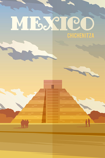 Vector retro poster. Pyramid Chichen Itza. The Landmark Of Mexico. Travel poster. Flat design.