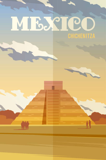 Vector retro poster Vector retro poster. Pyramid Chichen Itza. The Landmark Of Mexico. Travel poster. Flat design. ancient civilization illustrations stock illustrations