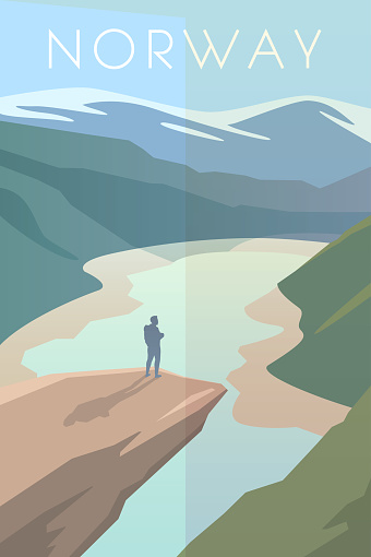 Vector retro poster. Trolltunga. Man looks at the sky. The Nature Of Norway. Travel poster. Flat design.