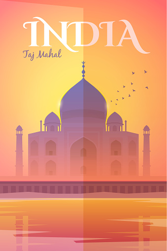 Vector retro poster. The Taj Mahal in the pink haze at sunset. Vacation in India. Travel poster. Flat design.