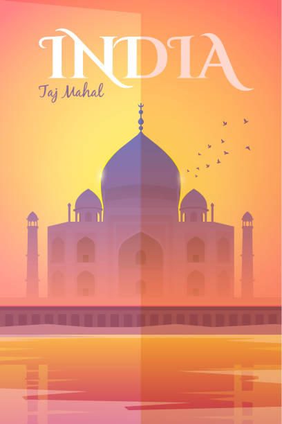 India. Vector poster. Vector retro poster. The Taj Mahal in the pink haze at sunset. Vacation in India. Travel poster. Flat design. taj mahal vector stock illustrations