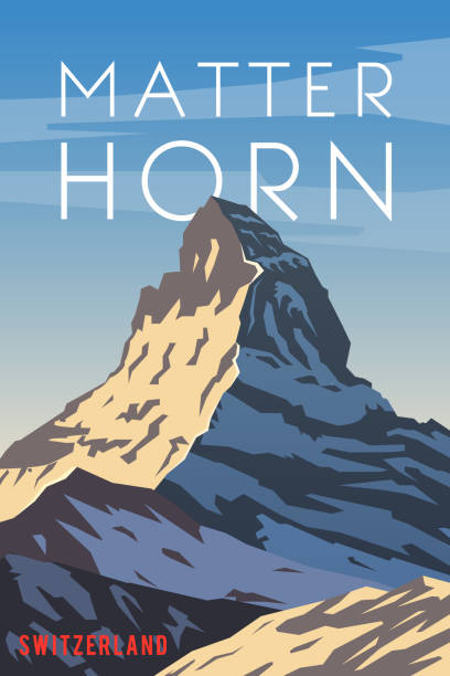 ilustraciones, imágenes clip art, dibujos animados e iconos de stock de matterhorn. póster vectorial. - sunset winter mountain peak european alps