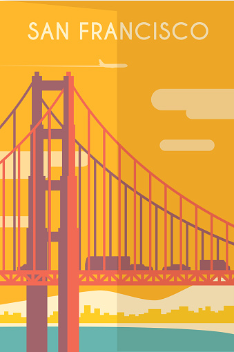 Vector retro poster in art Deco style. San Francisco. California. The Golden Gate Bridge. Flat design.