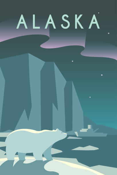 Art Deco poster. Alaska. Vector retro poster in art Deco style. The state of Alaska. Arctic. Polar night. Polar bear. Ice floes and icebergs. Flat design. alaska northern lights stock illustrations