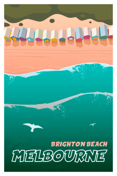 ilustraciones, imágenes clip art, dibujos animados e iconos de stock de melbourne. póster de viaje vectorial brighton beach - australian culture illustrations