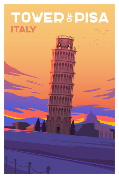 The tower of Pisa. Time to travel. Beautiful view in sunset in Italy with historical buildings, The tower of Pisa. Time to travel. Around the world. Quality vector poster. pisa stock illustrations