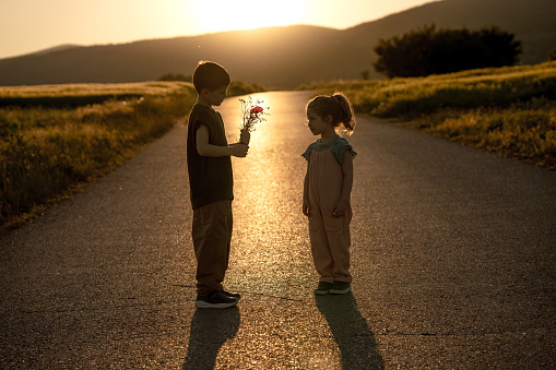 Two kids, brother giving flowers to his little sister on the street outdoors in sunset.