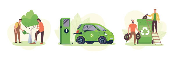 The concept of caring for the environment. People plant a tree, sort garbage, recycle organic waste, an electric car charges the battery from the station. Eco illustration,green lifestyle. Vector flat The concept of caring for the environment. People plant a tree, sort garbage, recycle organic waste, an electric car charges the battery from the station. Eco illustration,green lifestyle. Vector flat hybrid car stock illustrations