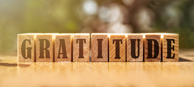 palabra de gratitud escrita en bloque de madera. texto de gratitud en una mesa de madera para su diseño, concepto. photo