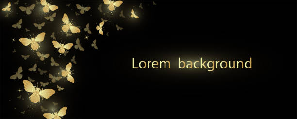 istock Banner with decorative shining golden butterflies on a black background. Vector illustration. 1401823529
