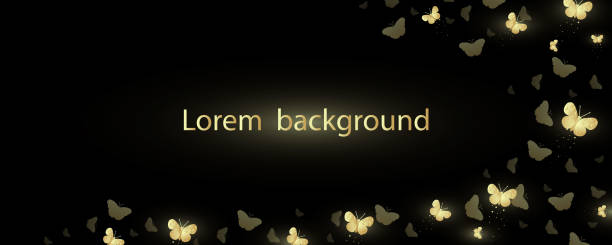istock Banner with decorative shining golden butterflies on a black background. Vector illustration. 1401823538