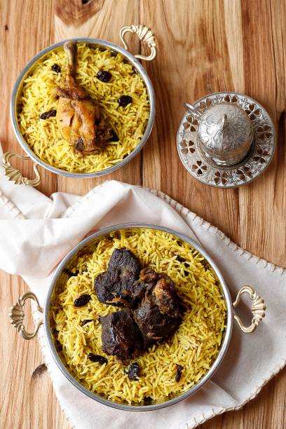 istock Top View Chicken and Lamb Biryani Kebuli Rice 1401830662