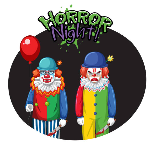 Horror Night badge with two creepy clowns Horror Night badge with two creepy clowns illustration scary clown mouth stock illustrations
