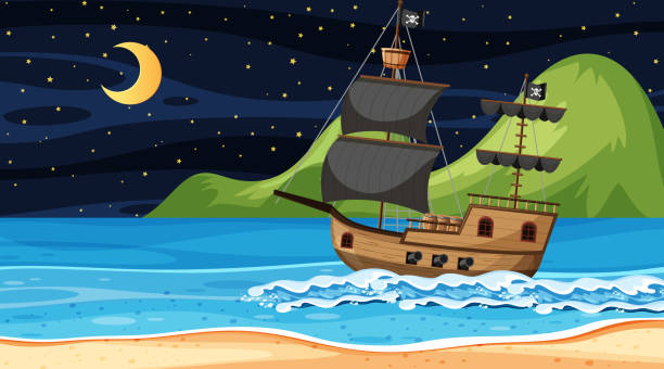 ozean mit piratenschiff bei nacht szene im cartoon-stil - bark stock-grafiken, -clipart, -cartoons und -symbole