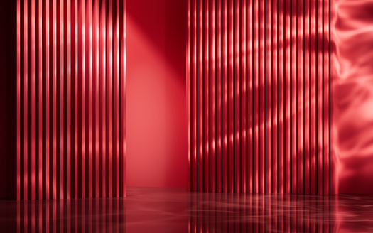 Red indoors scene with light effect, 3d rendering. Computer digital drawing.