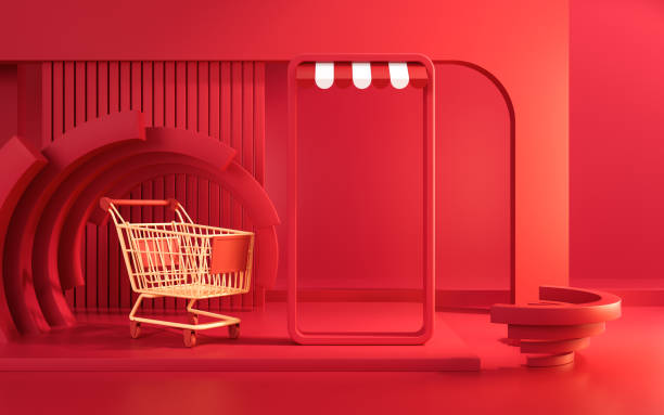 istock Shopping cart with geometric background, 3d rendering. 1401833185