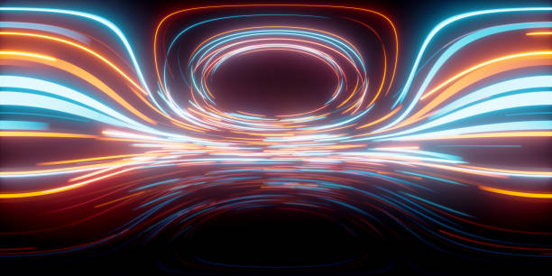 istock Glowing round illuminated lines with motion blur, 3d rendering. 360-degree seamless panoramic view. 1401833825