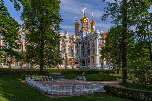 View of the Church of the Ascension of Christ-the palace church of the Catherine Palace in Tsarskoye Selo on a sunny summer day. Pushkin, St. Petersburg. Russia.