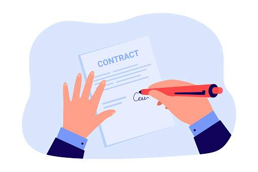 Businessman signing contract. Hands of person holding pen and paper document to sign over agreement flat vector illustration. Signature, deal concept for banner, website design or landing web page