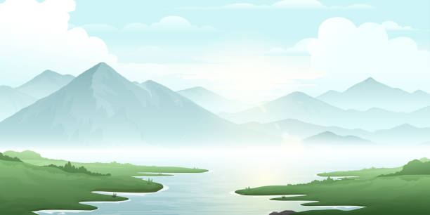 illustrations, cliparts, dessins animés et icônes de paysage de montagnes et de lacs. le ciel bleu au-dessus des montagnes le matin. - lake night winter sky