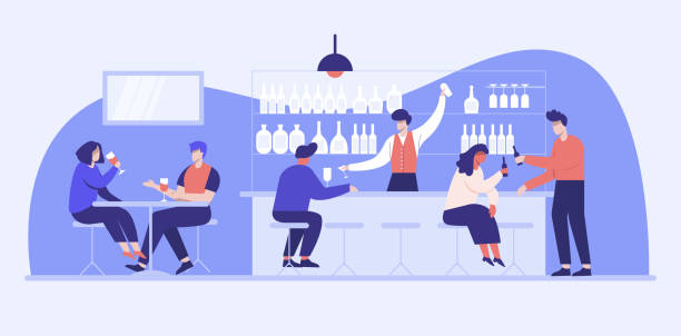 A young man opens a Liquor bar Sell Alcoholic beverages A young man opens a Liquor bar Sell Alcoholic beverages such as craft beer, beer, wine, alcohol. restaurant labor union stock illustrations