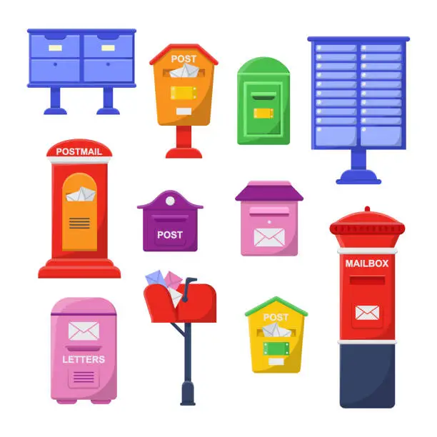 Vector illustration of Old metal mailboxes set