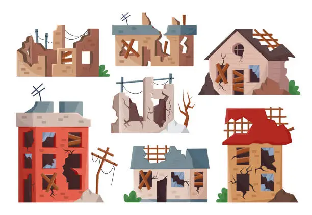 Vector illustration of Old broken buildings set